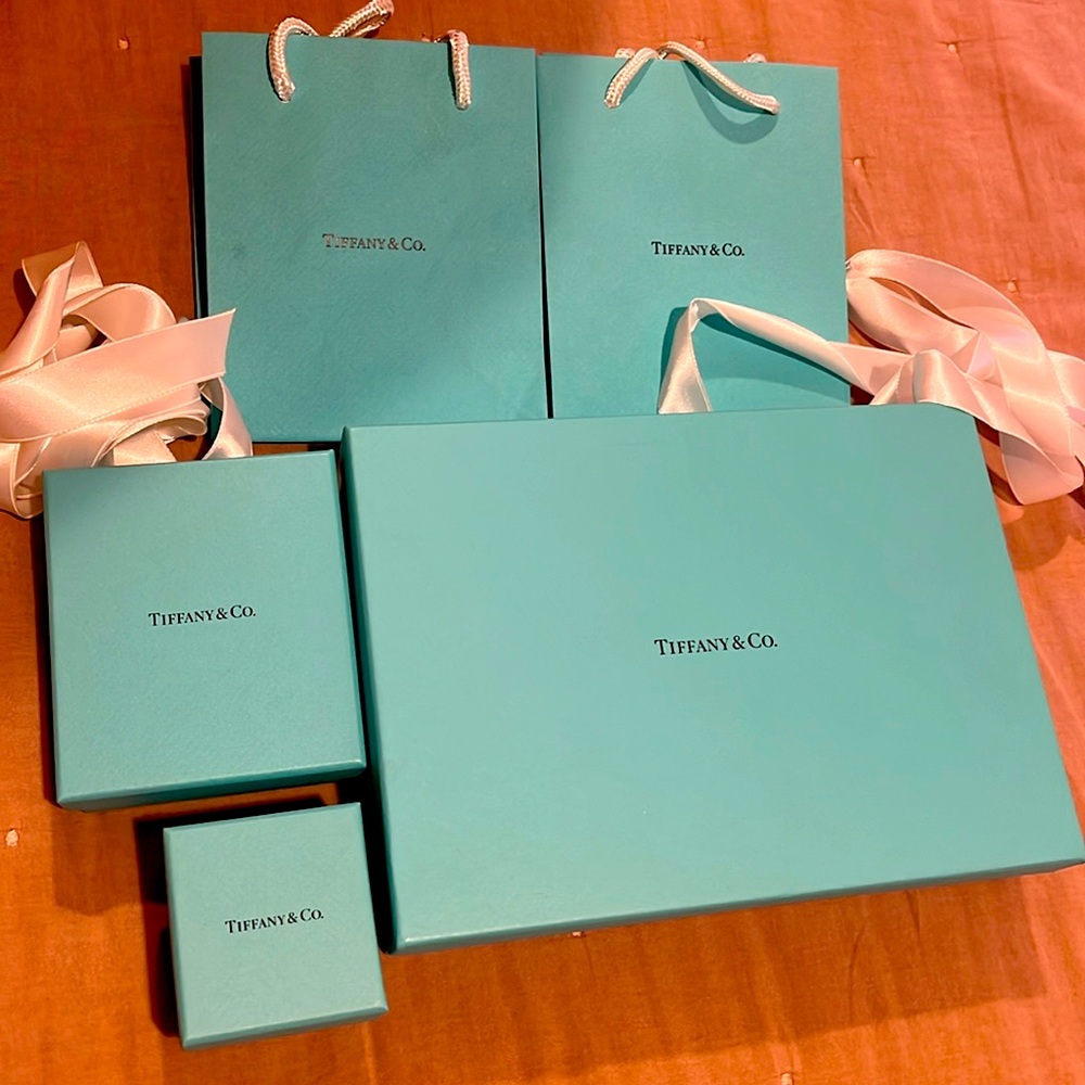 Brand new/pristineTiffany & Co box and gift bag with a set of signature ribbon
